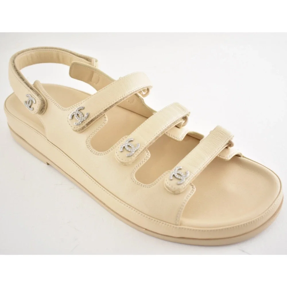 Chanel 24S Beige Leather Triple Strap CC Logo Mule Slide Teva Dad Sandal Flat 41